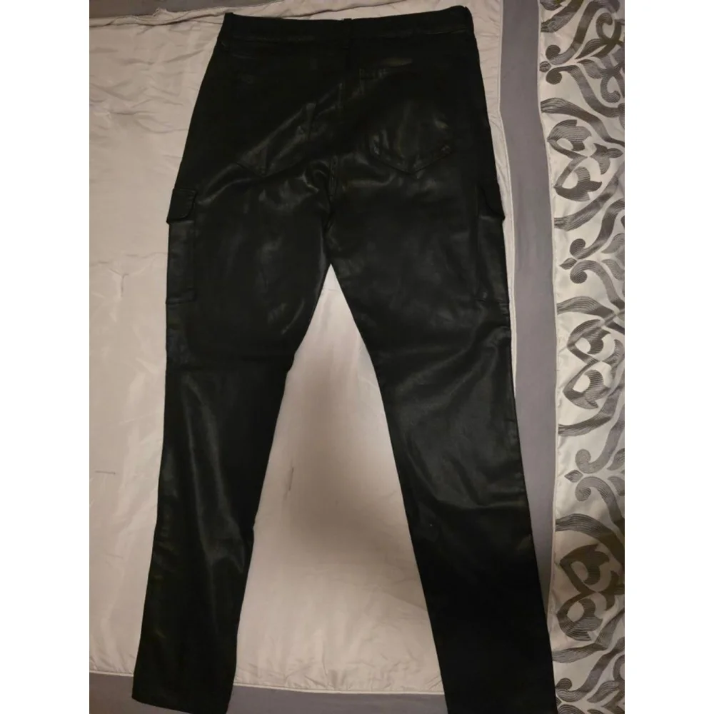 Monfrère Black Coated Cargo Pants Slim Fit Leather Look Size 38